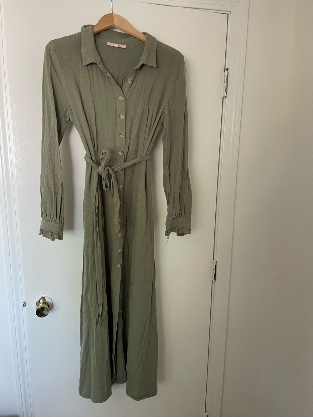 bohme Antoinette sage Green Long Button-Front Maxi Dress with Tie Waist